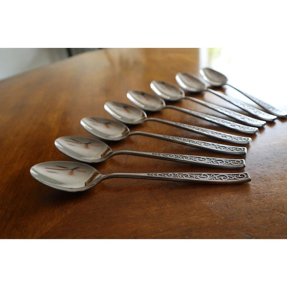 Lot 8x Imperial International IIC DAVOS Stainless Black Floral Table Spoon 7.5